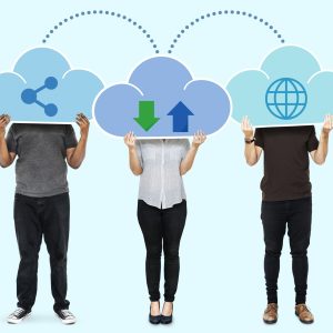 People with cloud network storage symbols